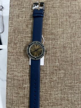 Heidi Daus Blue Leather Watch with Gold-Tone Crystal Bezel